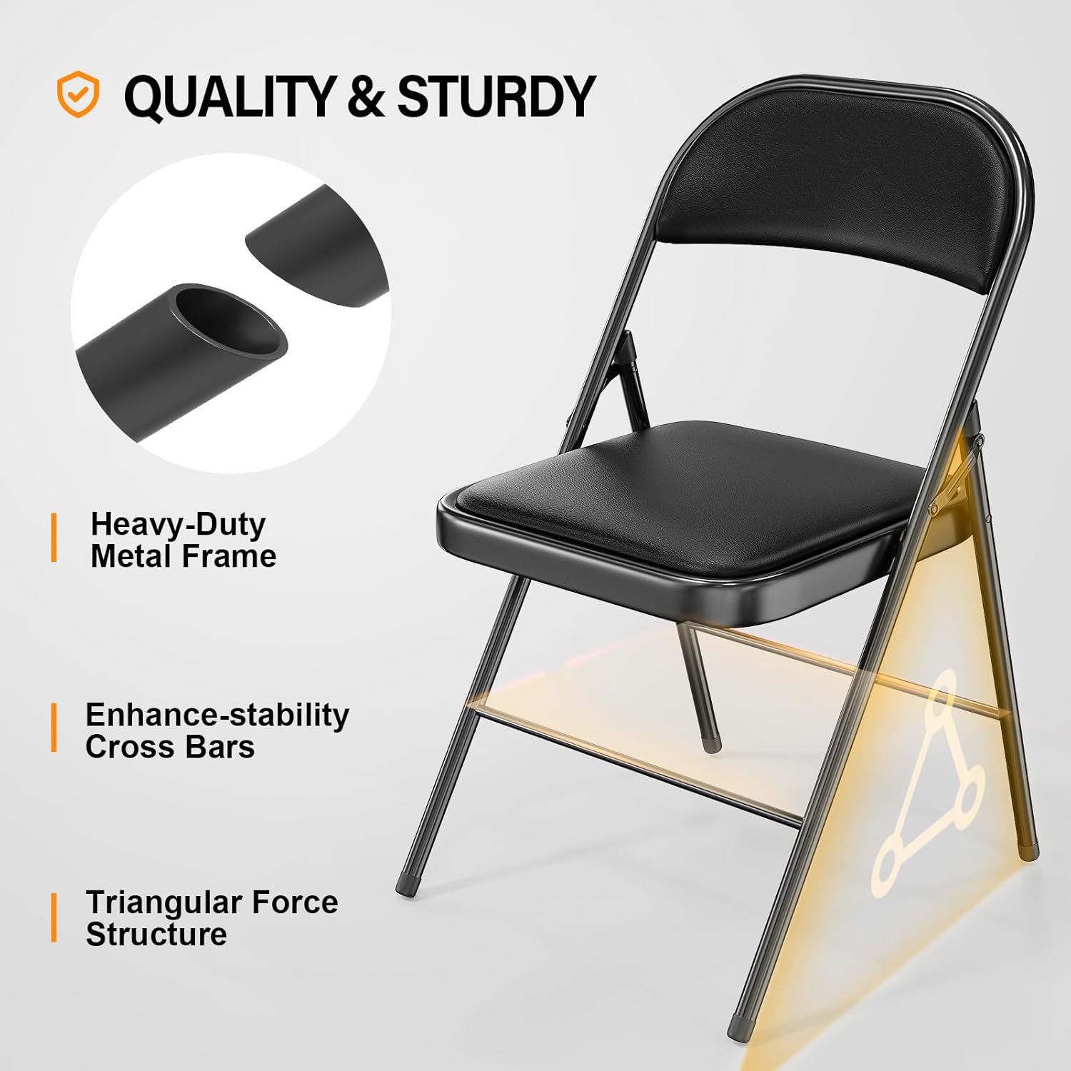 Paquete de 10 sillas plegables con asientos acolchados, estructura de metal con asiento y respaldo de cuero sintético, capacidad de 159 kg, color negro
