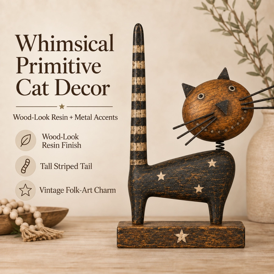 Vintage Primitive Folk Art Cat Figurine with Rustic Metal Accents