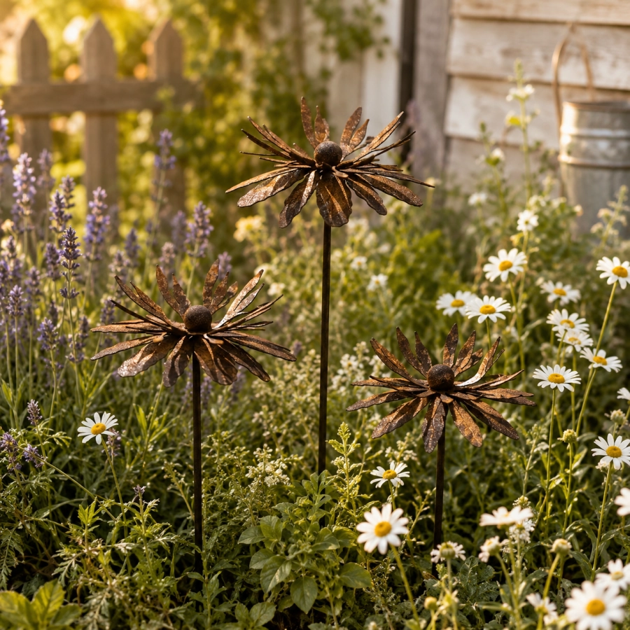 25.6" Tall Vintage Wildflower Metal Garden Stakes - Set of 3