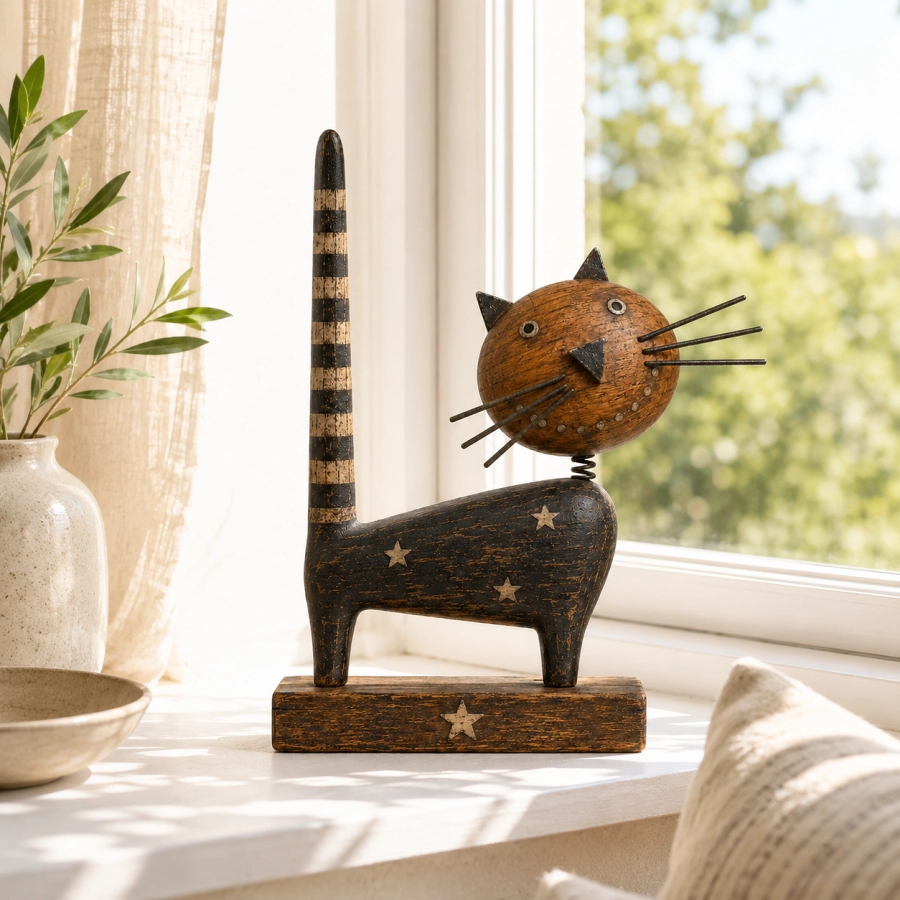 Vintage Primitive Folk Art Cat Figurine with Rustic Metal Accents