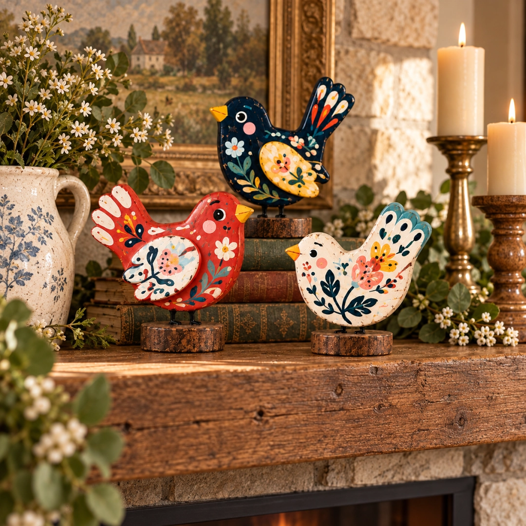 Hand-Painted Folk Art Bird Figurines – Set of 3