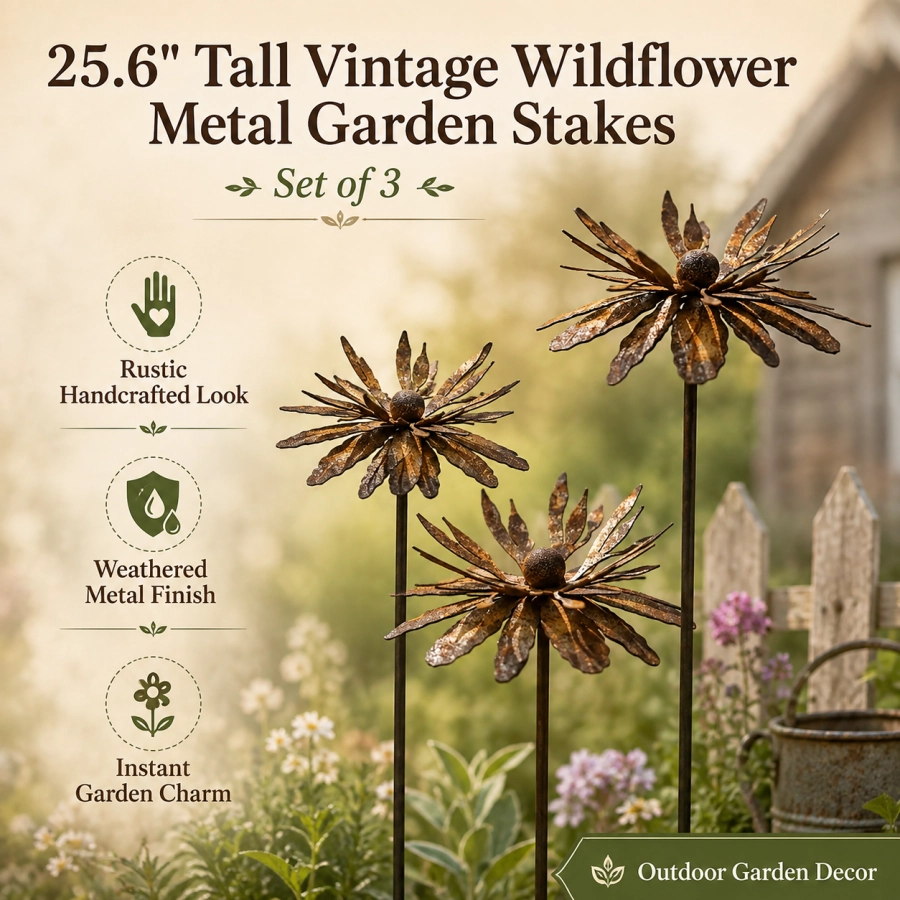 25.6" Tall Vintage Wildflower Metal Garden Stakes - Set of 3