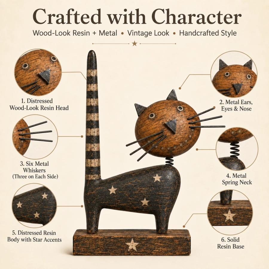 Vintage Primitive Folk Art Cat Figurine with Rustic Metal Accents