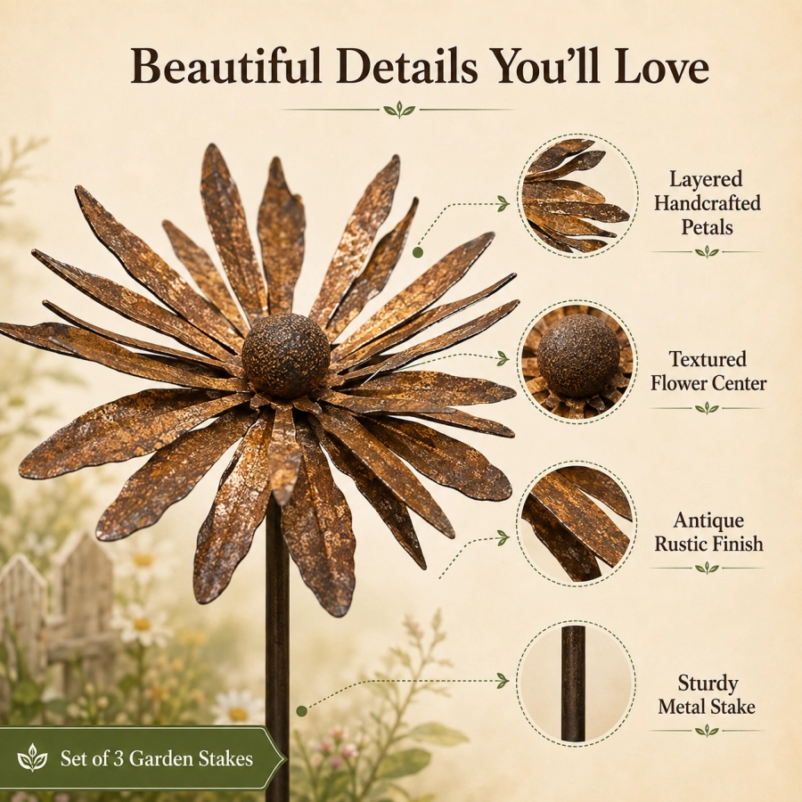25.6" Tall Vintage Wildflower Metal Garden Stakes - Set of 3