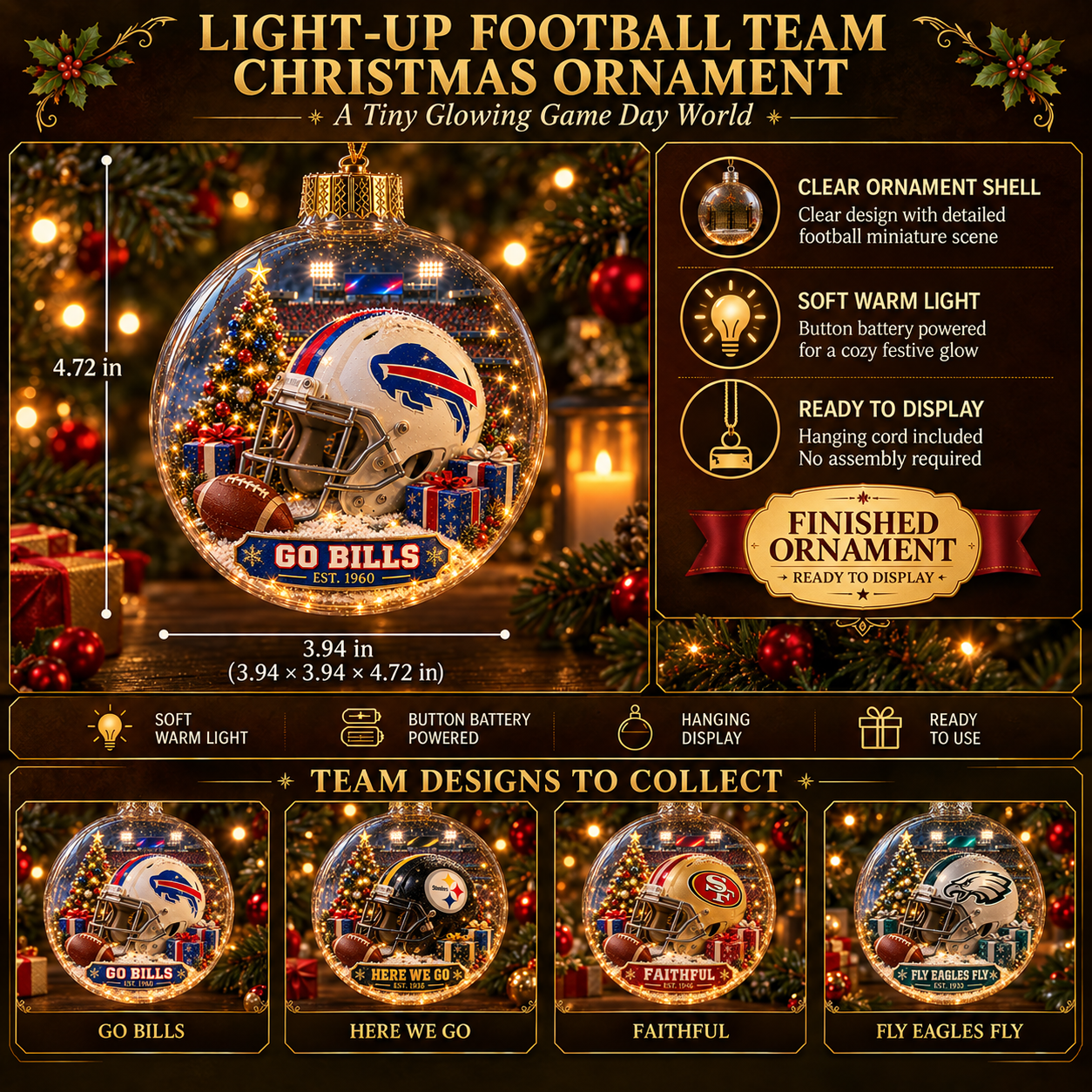 🏈🎄 Light-Up Football Team Christmas Ornament