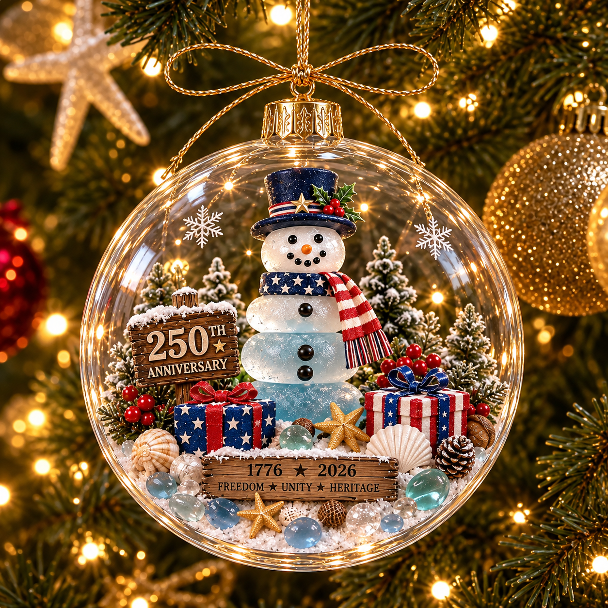 America 250th Anniversary Clear Dome Ornament with Sea Glass Accents
