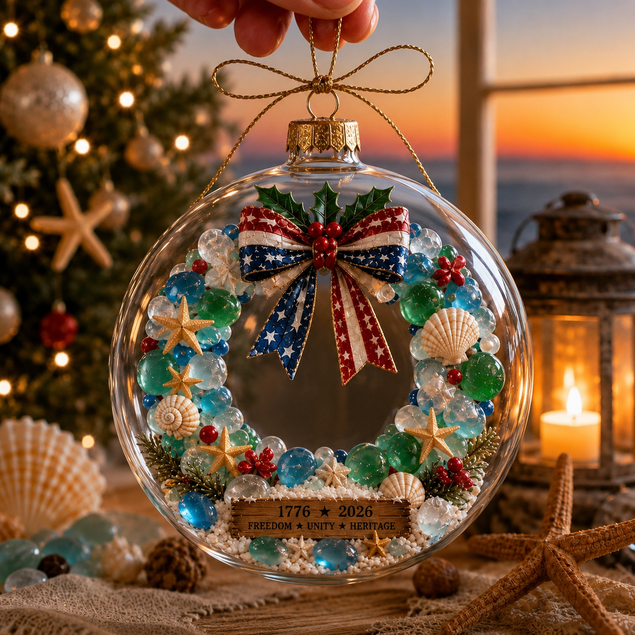 America 250th Anniversary Clear Dome Ornament with Sea Glass Accents