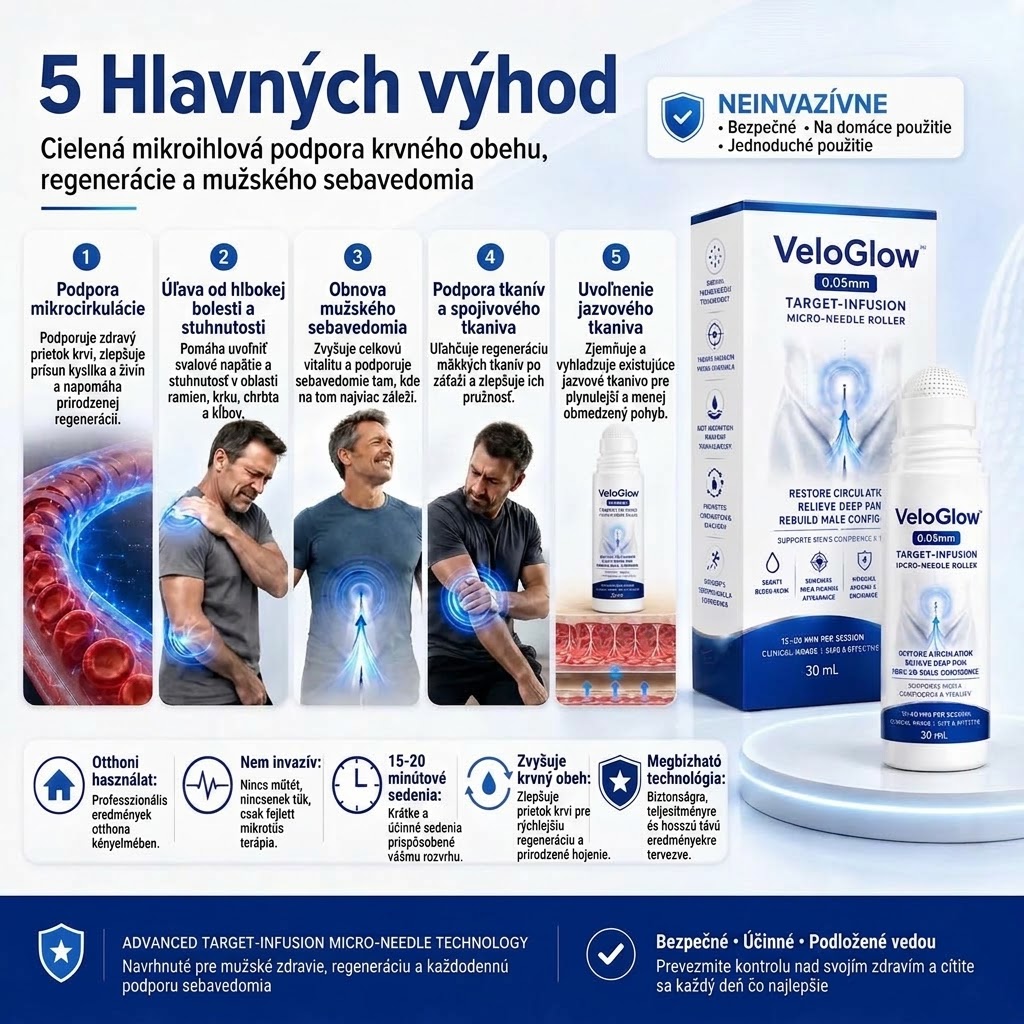 VeloGlow™ 0,05 mm Target-Infusion mikroihličkový valček – obnovuje zdravie tkanív, zvyšuje pevnosť a výdrž, zmierňuje svalové a kĺbové nepohodlie.