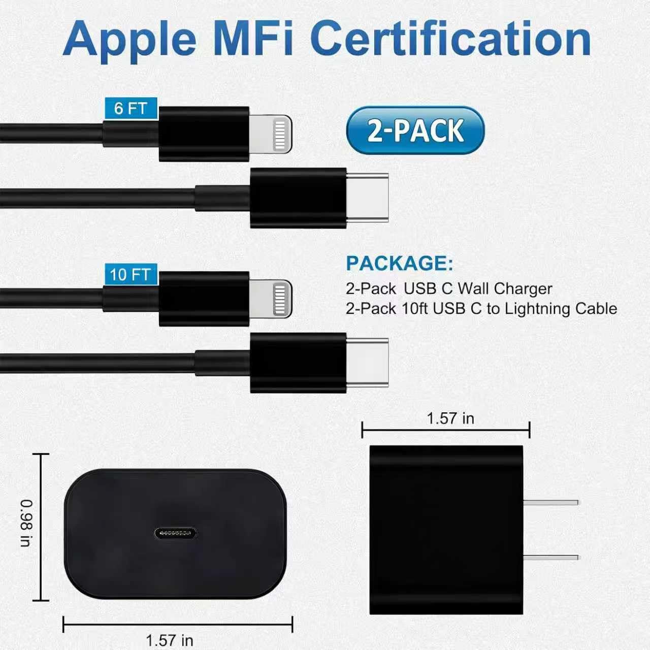 Fast Charging USB‑C Charger Block with 6FT/10FT Lightning Cable for iPhone