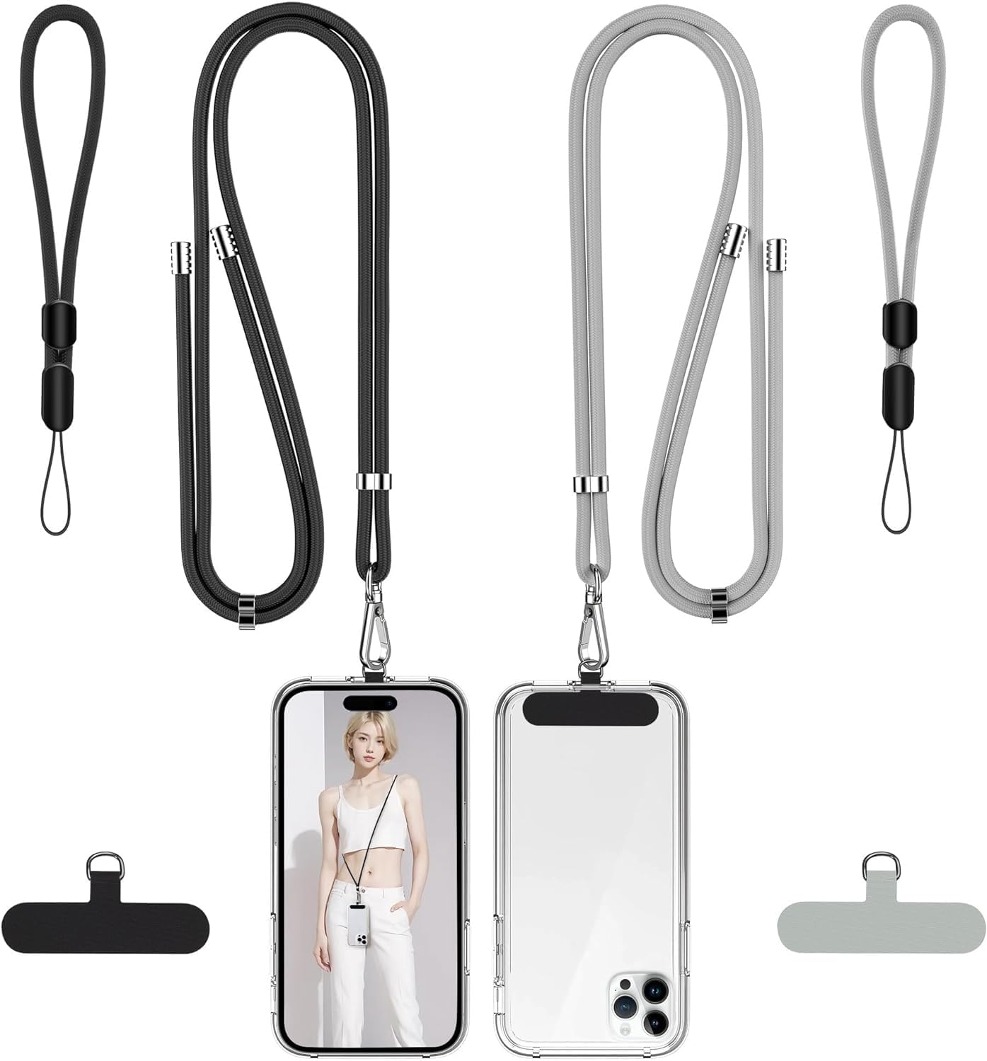 Black Grey Adjustable Crossbody Neck & Wrist Phone Lanyard with Tether Tabs