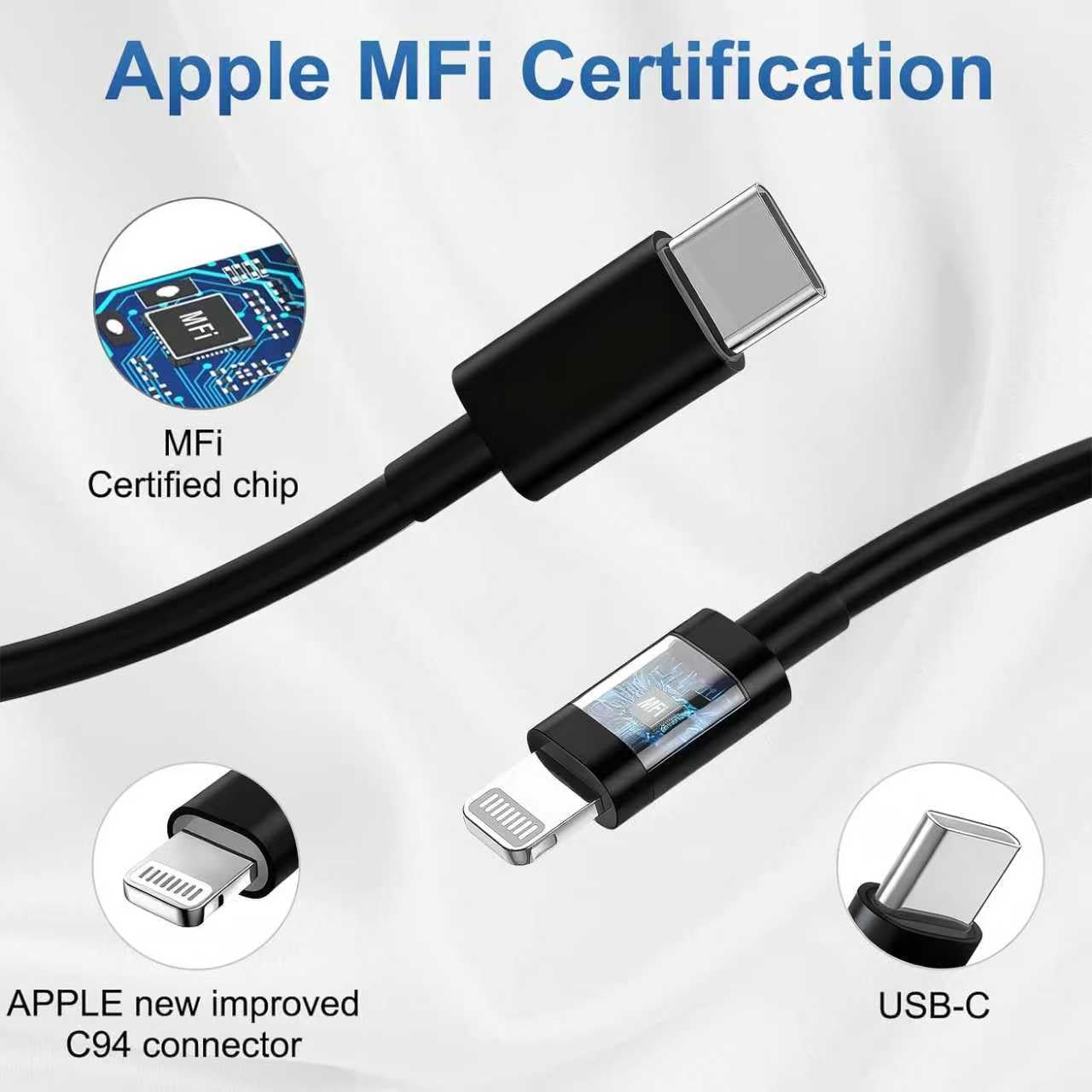 Fast Charging USB‑C Charger Block with 6FT/10FT Lightning Cable for iPhone