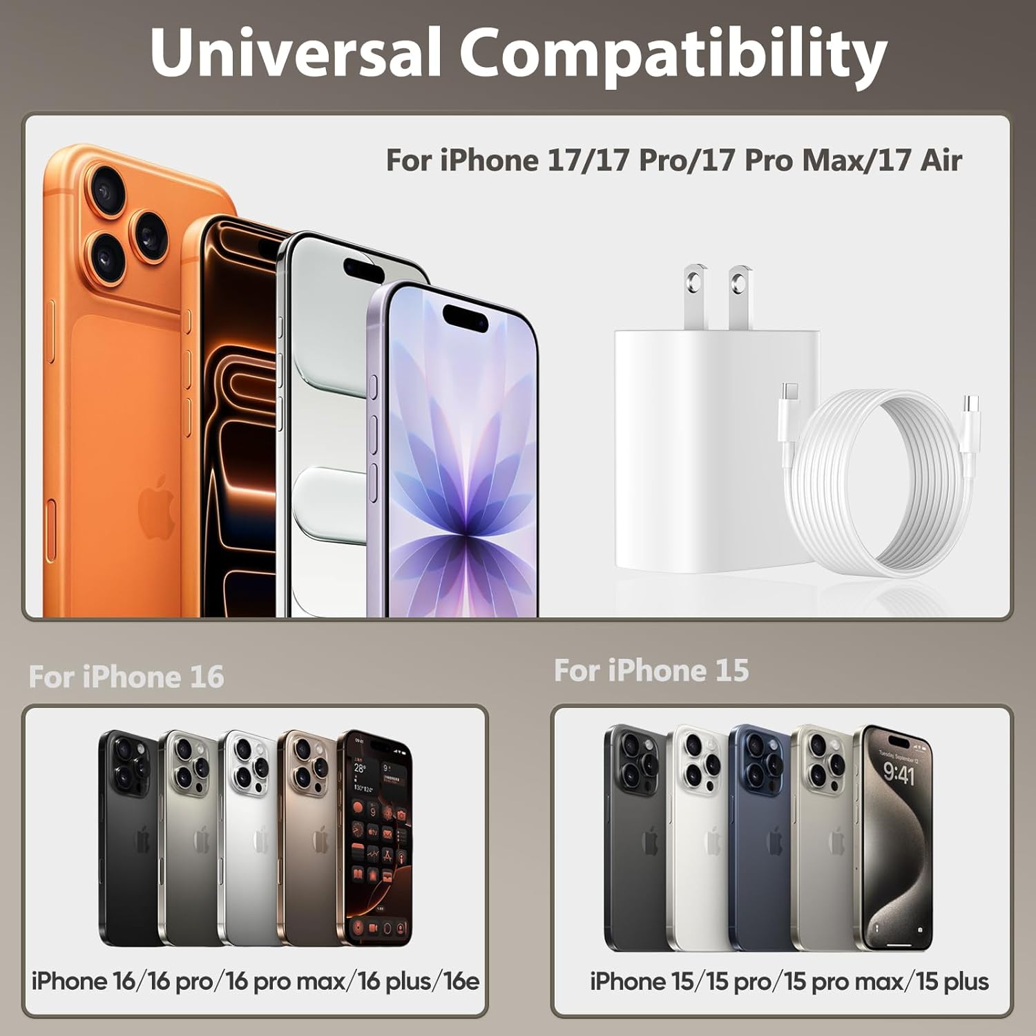 20W USB‑C Fast Charger with 10 FT Cable for iPhone 17 16 15