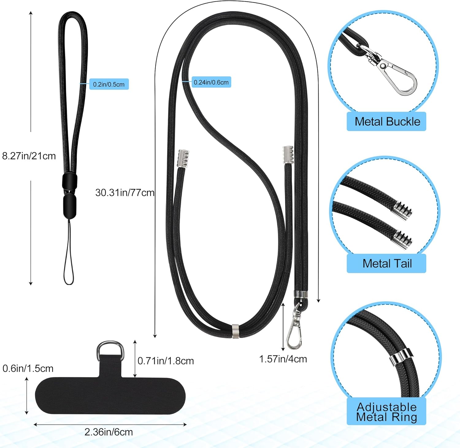 Black Grey Adjustable Crossbody Neck & Wrist Phone Lanyard with Tether Tabs
