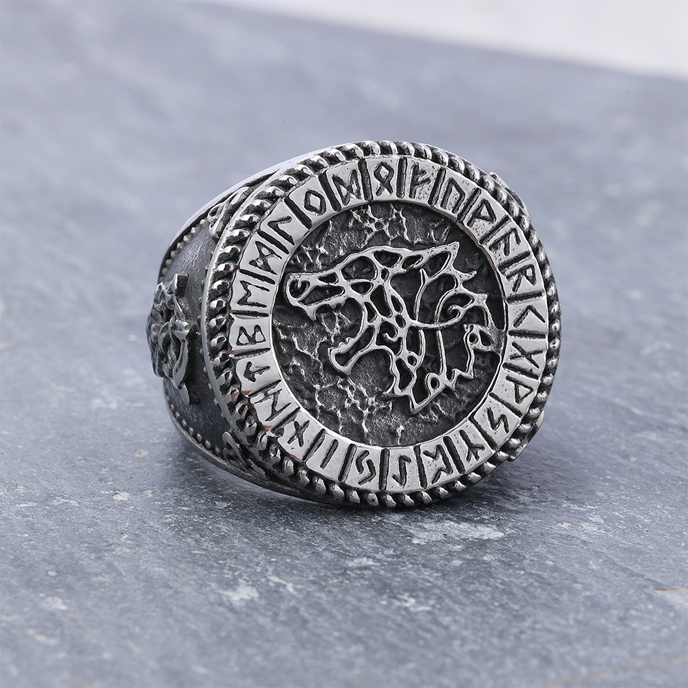 Viking Fenrir Wolf Rune Signet Ring | 316L Stainless Steel Norse Myth Protective Signet Band