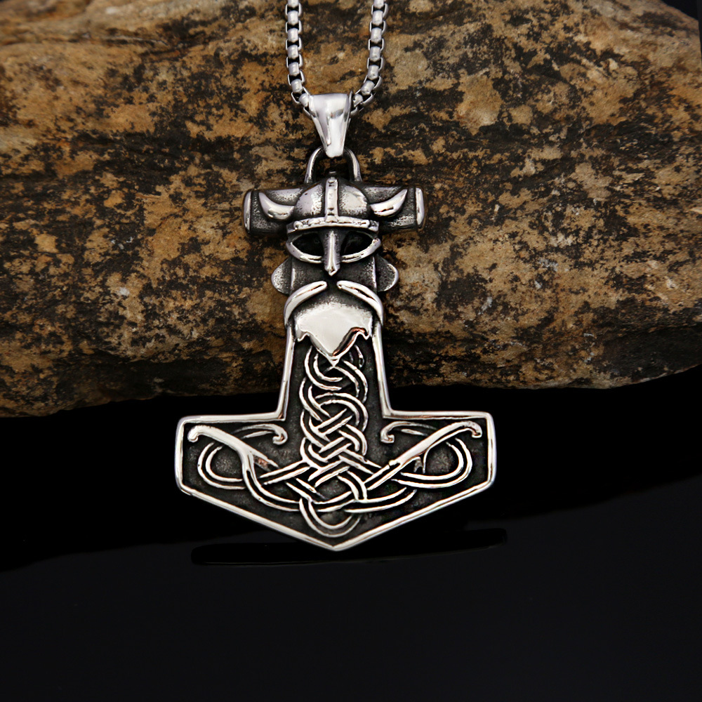 Viking Warrior Helmet Mjolnir Thor's Hammer Necklace | 316L Stainless Steel Norse Protective Pendant
