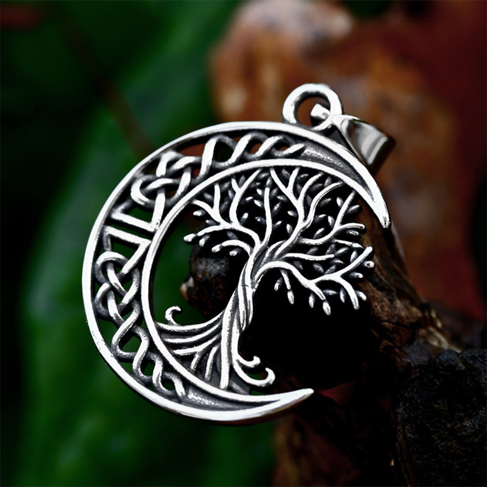 Viking Yggdrasil Tree of Life Crescent Moon Necklace | 316L Stainless Steel Celtic Rune Pendant