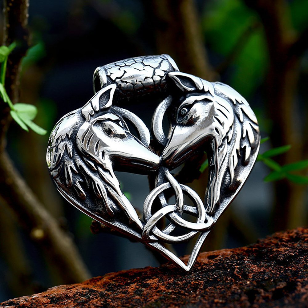 Viking Odin Geri Freki Wolf Heart Necklace | 316L Stainless Steel Celtic Triquetra Pendant