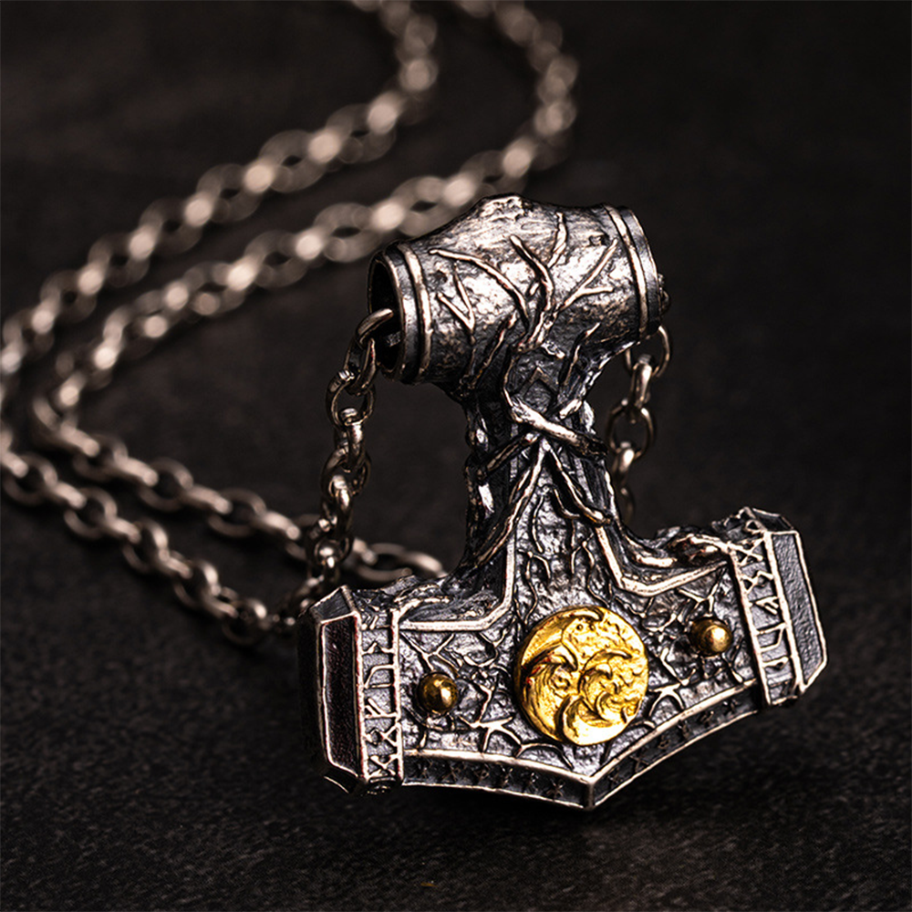 Norse Mythology Yggdrasil World Tree Mjolnir Thor’s Hammer Pendant | Rune Carving Two-Tone Relief, 316L Stainless Steel, Gold Plated & Sterling Silver Option, Unisex Viking Amulet Necklace