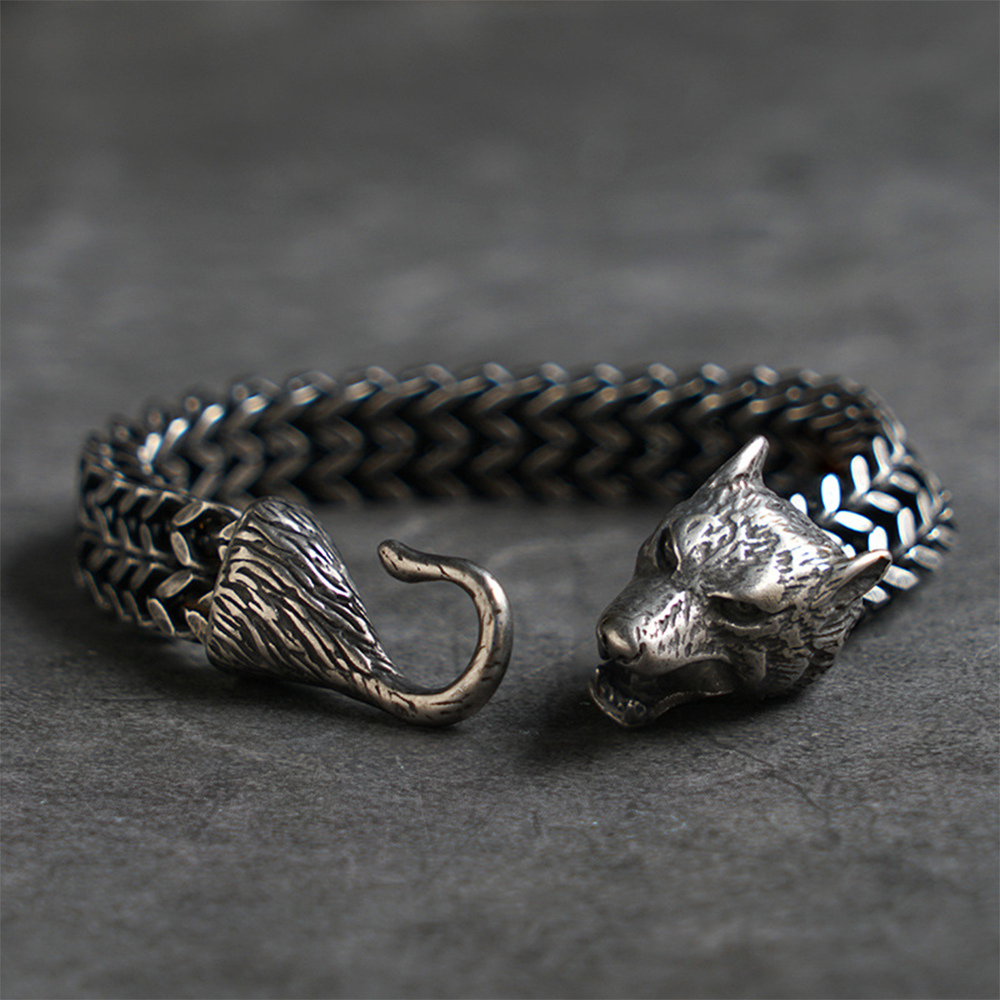 Viking Fenrir Wolf Woven Bracelet | 316L Stainless Steel Norse Wolf Head Bracelet