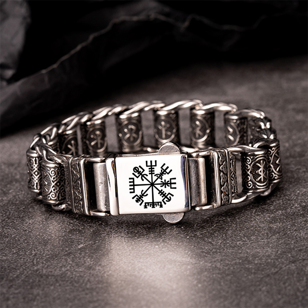 Norse Viking Vegvísir Compass Knight Link Bracelet | Icelandic Wayfinder Rune Amulet, 316L Stainless Steel Unisex Guidance 