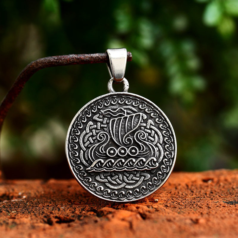 Norse Mythology Double Sided Viking Round Pendant | Drekar Longship Relief on Front, Yggdrasil World Tree on Back, 316L Stainless Steel Unisex Viking Voyage Amulet Necklace
