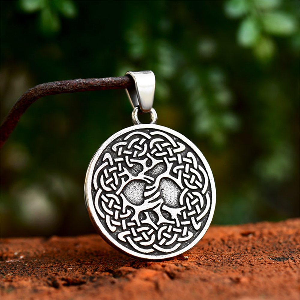Norse Mythology Double Sided Viking Round Pendant | Drekar Longship Relief on Front, Yggdrasil World Tree on Back, 316L Stainless Steel Unisex Viking Voyage Amulet Necklace