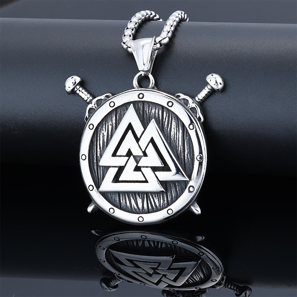 Norse Viking Valknut Shield Crossed Swords Pendant | Odin Warrior Amulet, 316L Stainless Steel Unisex Strength & Protection Necklace