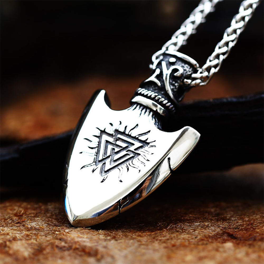 Norse Viking Gungnir Odin Spear Tip Double Sided Pendant | Aegishjalmur Helm of Awe & Valknut Warrior Amulet, 316L Stainless Steel Unisex Victory & Protection Necklace