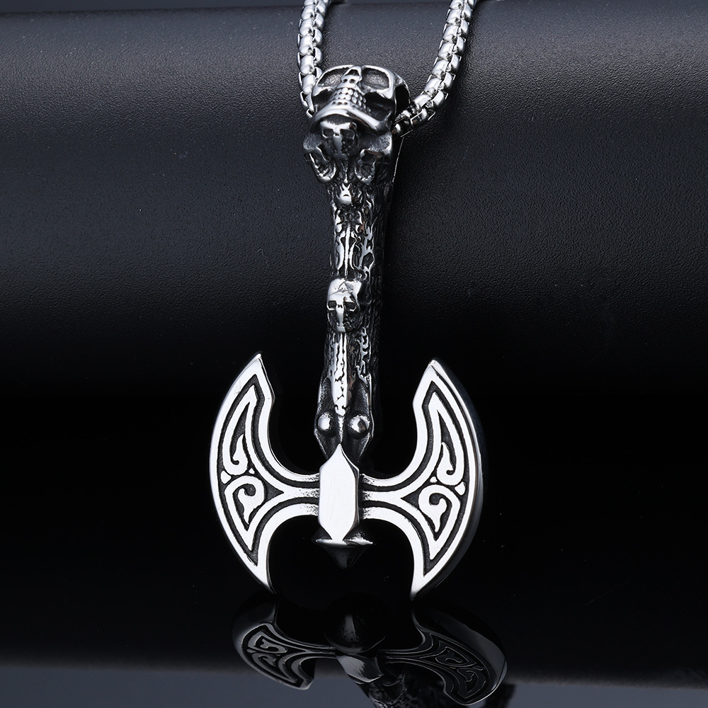 Norse Viking Skull Double Battle Axe Pendant | Celtic Spiral Norse Warrior Amulet, 316L Stainless Steel Unisex Courage & Strength Necklace