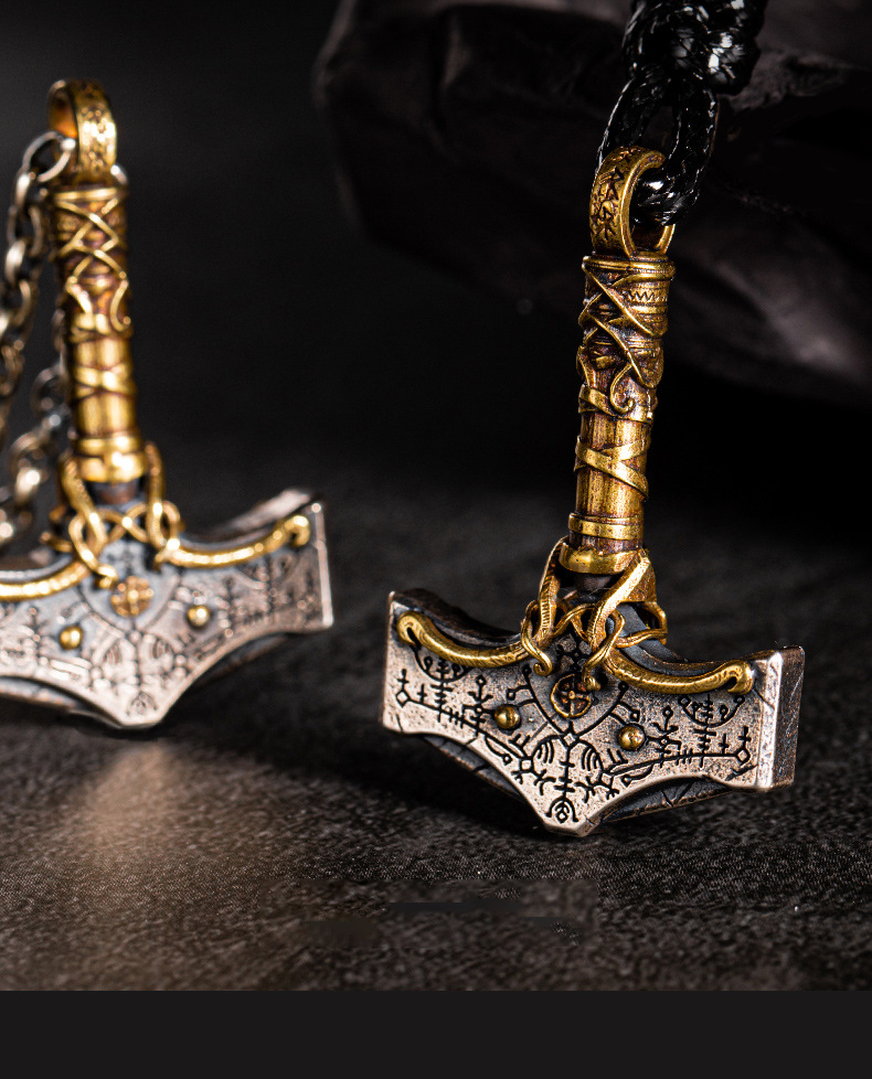 Norse Mythology Thor Mjölnir Hammer Pendant | Vegvisir Viking Compass Runes, 316L Stainless Steel, Gold Plated & Sterling Silver Option, Unisex Viking Amulet Necklace