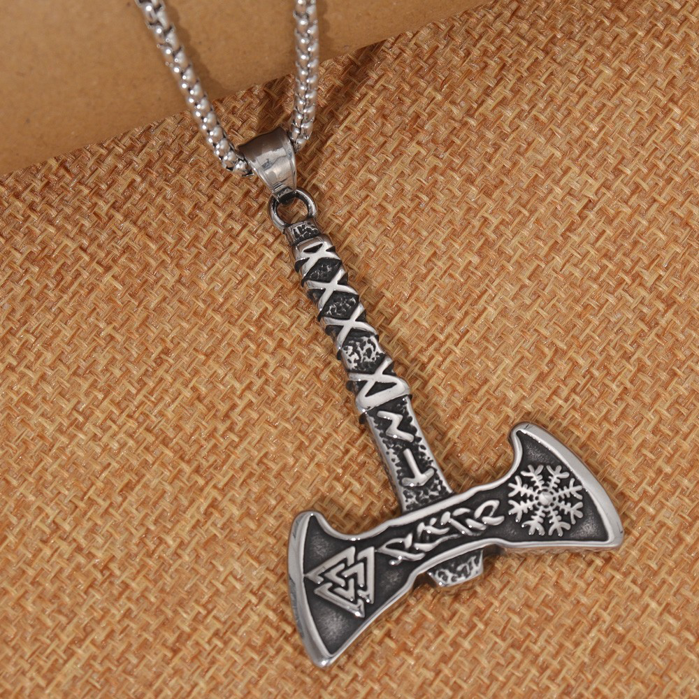 Norse Viking Rune Battle Axe Pendant | Valknut & Aegishjalmr Warrior Amulet, 316L Stainless Steel Unisex Courage & Protection Necklace