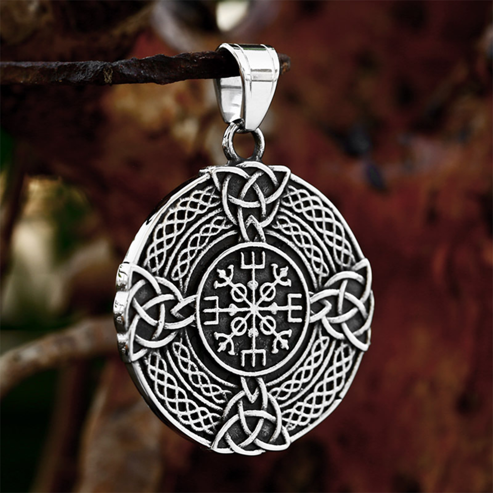 Norse Viking Aegishjalmr Helm of Awe Round Pendant | Celtic Triquetra Knot Amulet, 316L Stainless Steel Unisex Protection Necklace