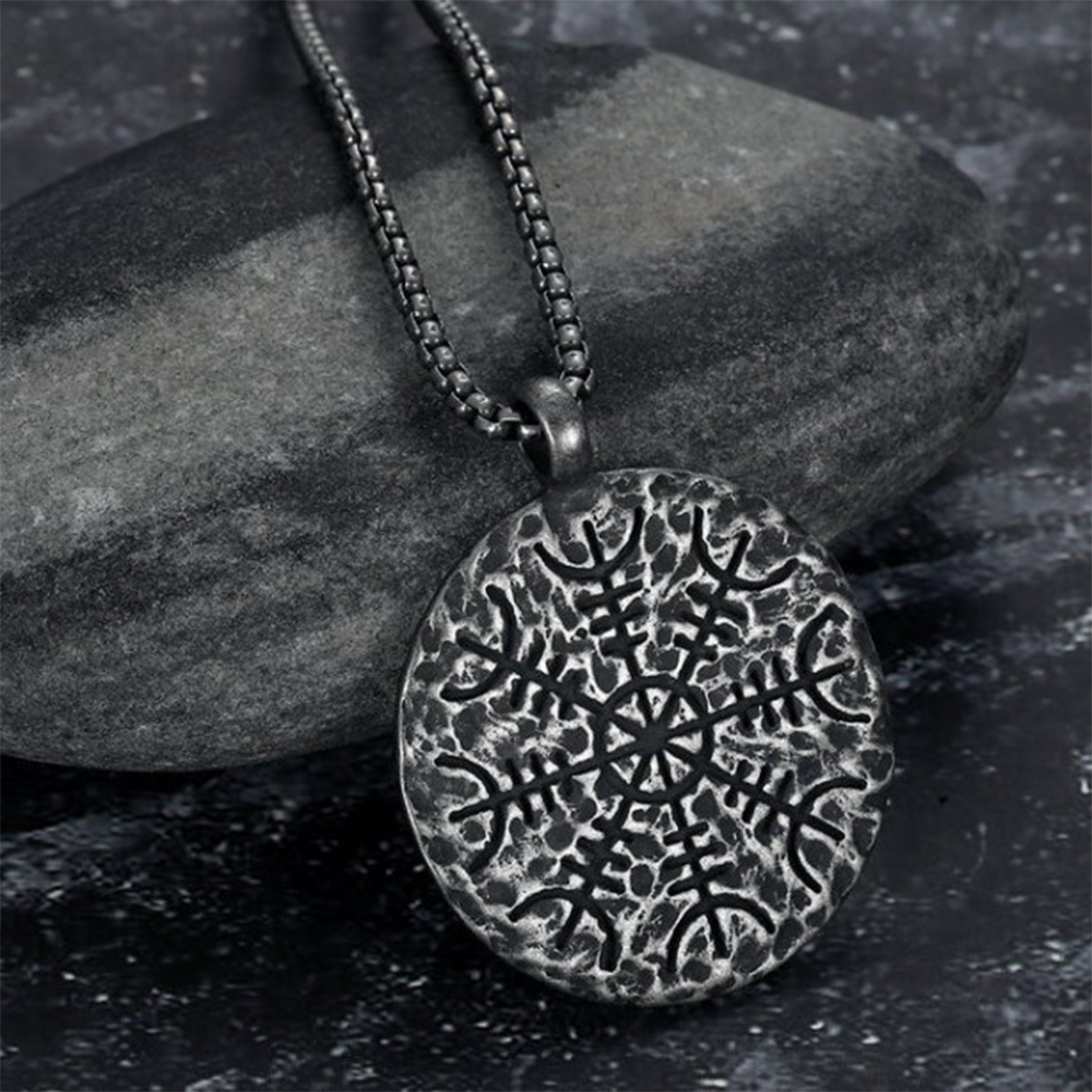 Aegishjalmur Helm of Awe Vegvisir Viking Compass Double Sided Pendant, Nordic Viking Amulet 316L Stainless Steel Unisex Necklace