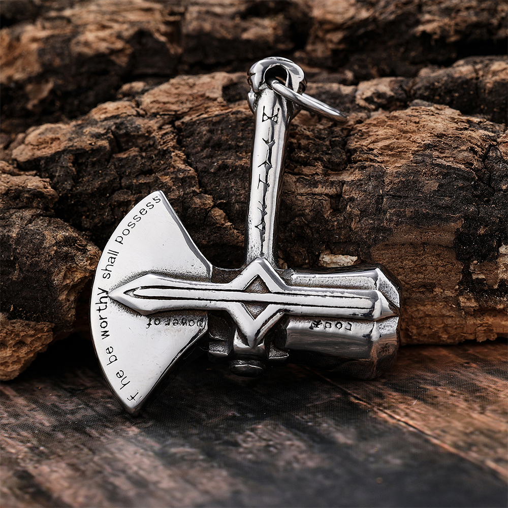 Norse Viking Mjolnir & Battle Axe Combined Pendant | Thor Rune Amulet, 316L Stainless Steel Unisex Strength Necklace