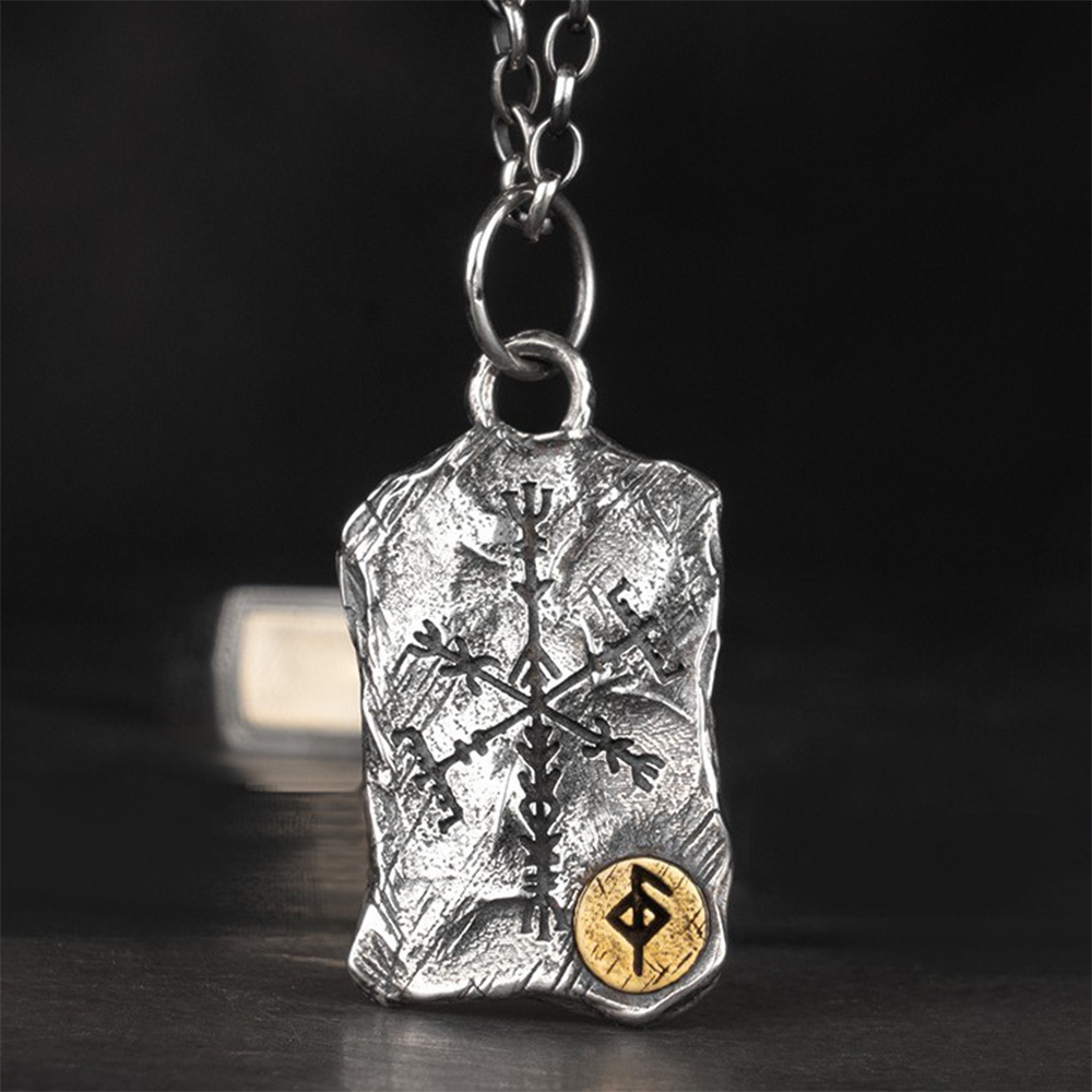 Norse Viking Rune Fragment Stone Pendant Necklace | Double-sided Vegvisir Compass & Aegishjalmur Helm of Awe, 316L Stainless Steel, Gold Plated & Sterling Silver Option, Unisex Rune Amulet