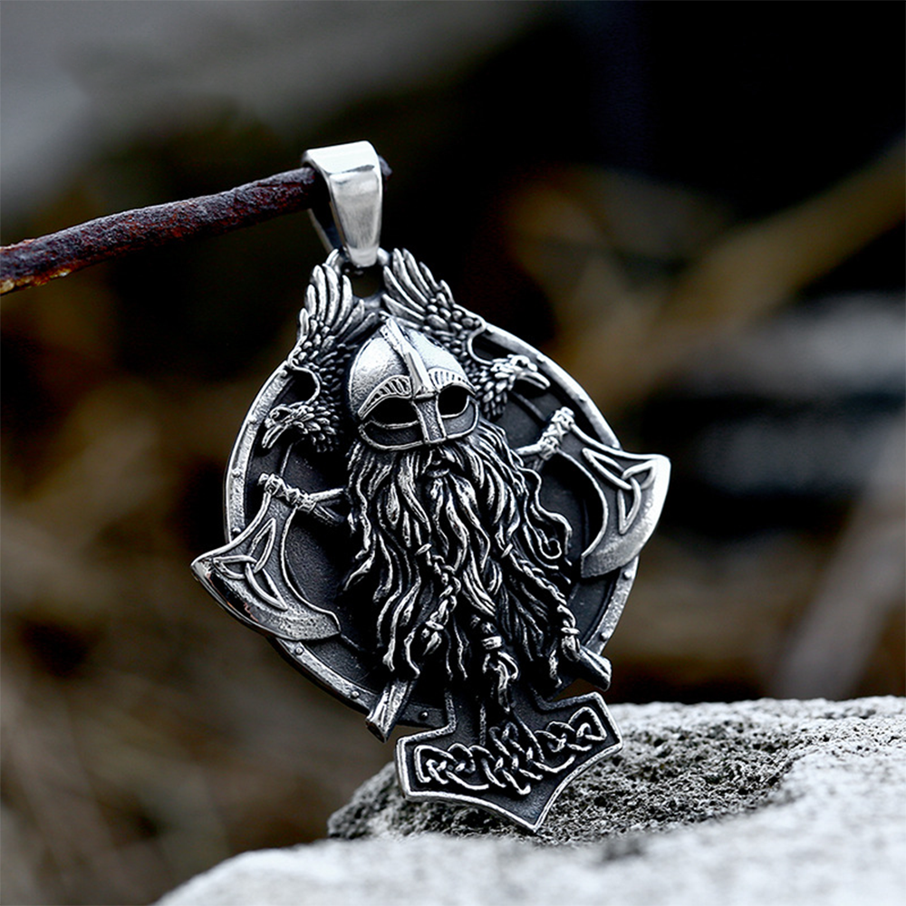 Norse Viking Odin Raven Double Axe Embossed Pendant | Odin God Huginn & Muninn Amulet, 316L Stainless Steel Unisex Protection Necklace