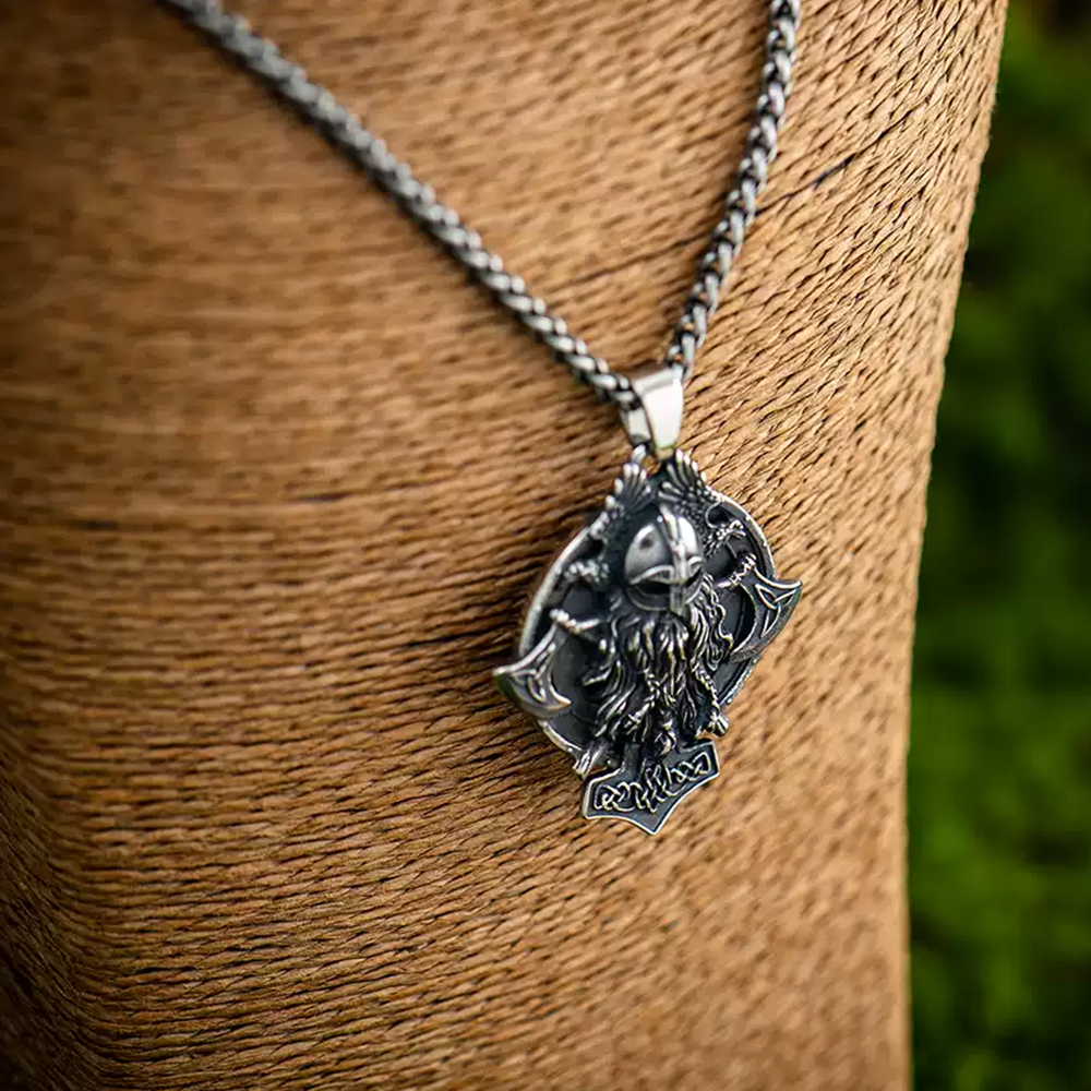 Norse Viking Odin Raven Double Axe Embossed Pendant | Odin God Huginn & Muninn Amulet, 316L Stainless Steel Unisex Protection Necklace