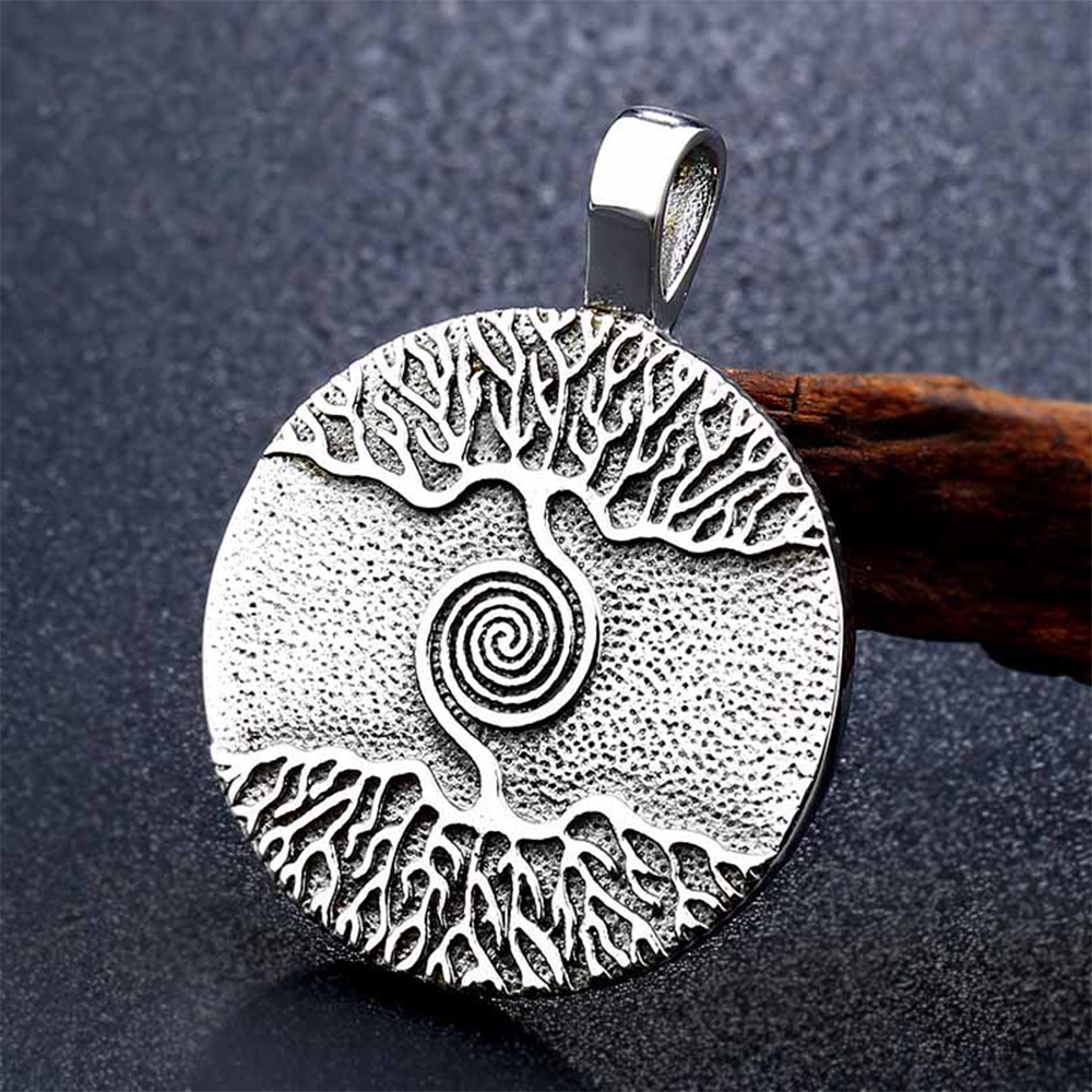 Norse Viking Yggdrasil World Tree Double Sided Pendant | Tree of Life Spiral Talisman, 316L Stainless Steel Unisex Protection Necklace