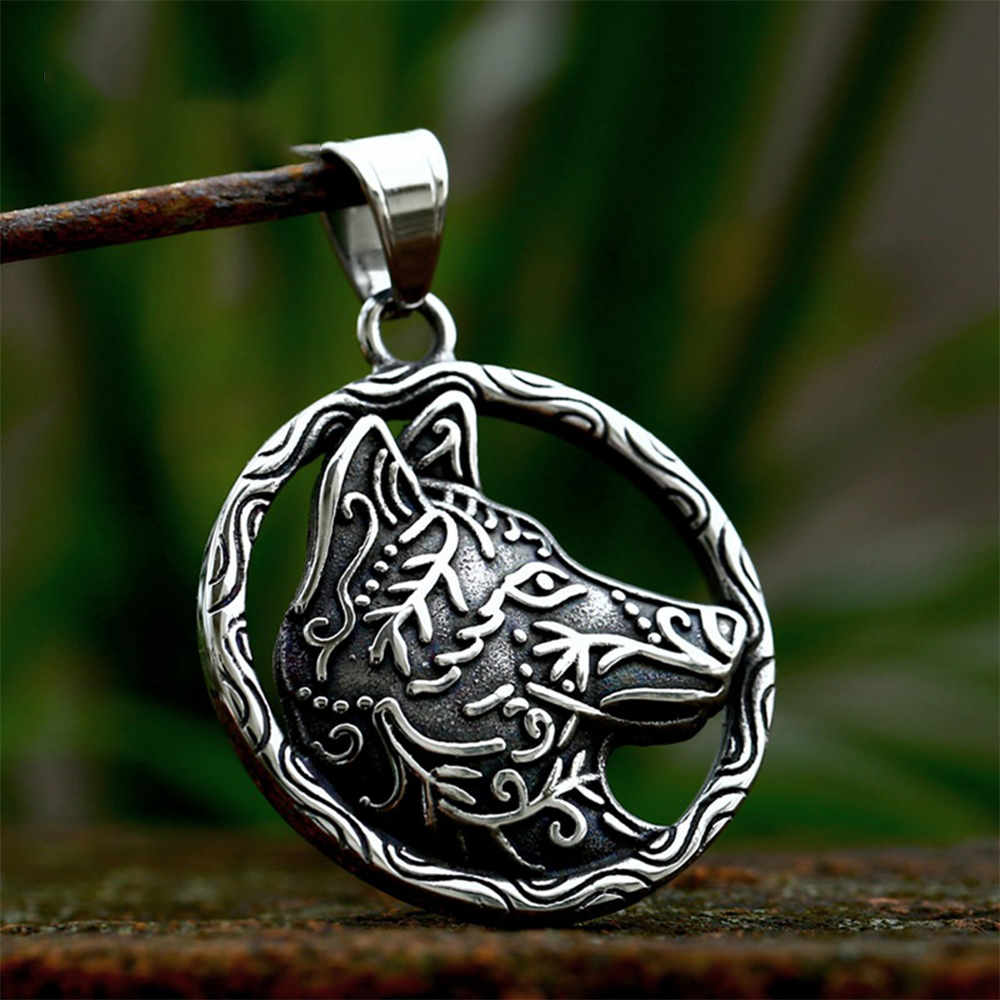 Norse Viking Fenrir Wolf Openwork Round Pendant | Celtic Vine Wolf Head Amulet, 316L Stainless Steel Unisex Strength Protection Necklace