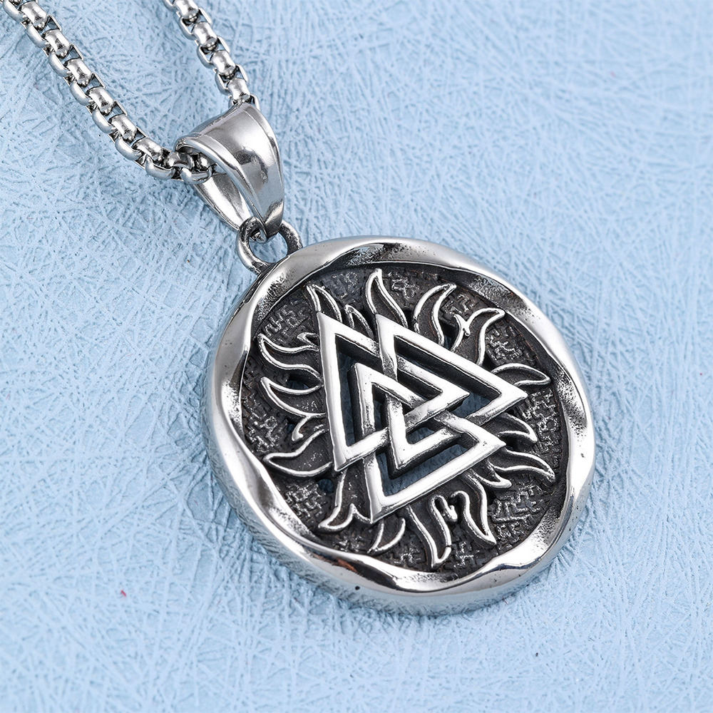 Norse Viking Valknut Sun Flame Round Pendant | Odin Triangle Knot Warrior Amulet, 316L Stainless Steel Unisex Victory Protection Necklace
