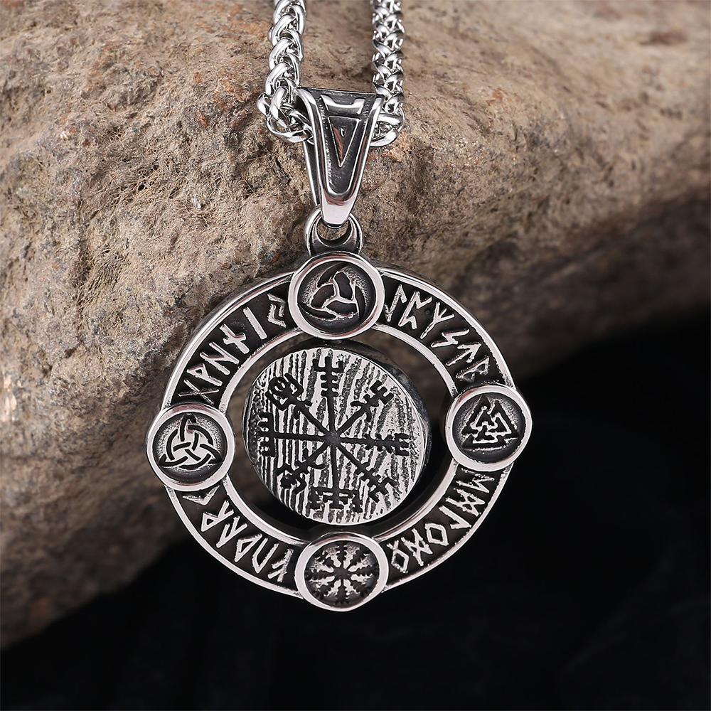 Norse Rotatable Viking Vegvísir Rune Circle Pendant | Elder Futhark Multi-Symbol Amulet, 316L Stainless Steel Unisex Journey Protection Necklace