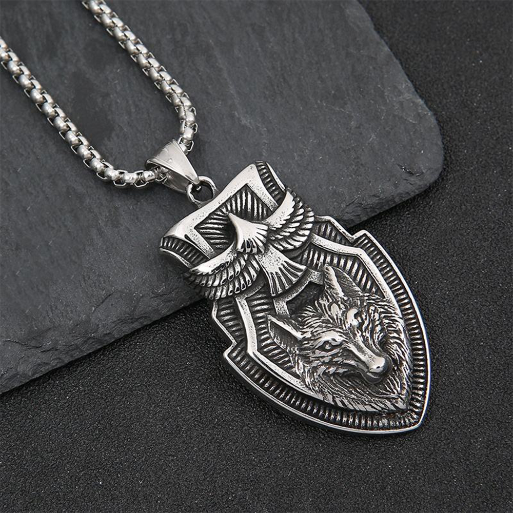 Norse Viking Shield Pendant | Odin’s Raven & Fenrir Wolf Warrior Amulet, 316L Stainless Steel Unisex Protection Necklace