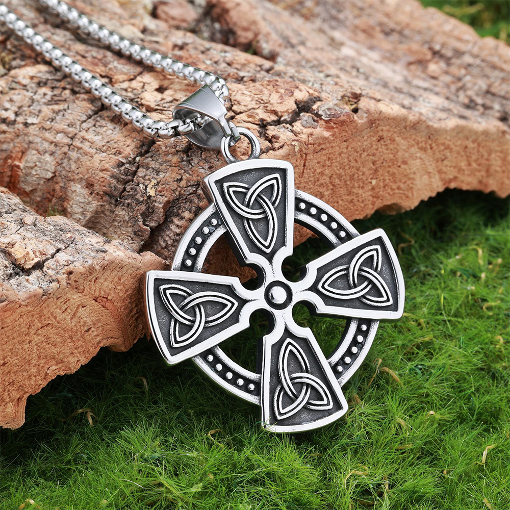 Norse Celtic Solar Cross Pendant | Triquetra Knot Eternal Protection Amulet, 316L Stainless Steel Unisex Viking Necklace
