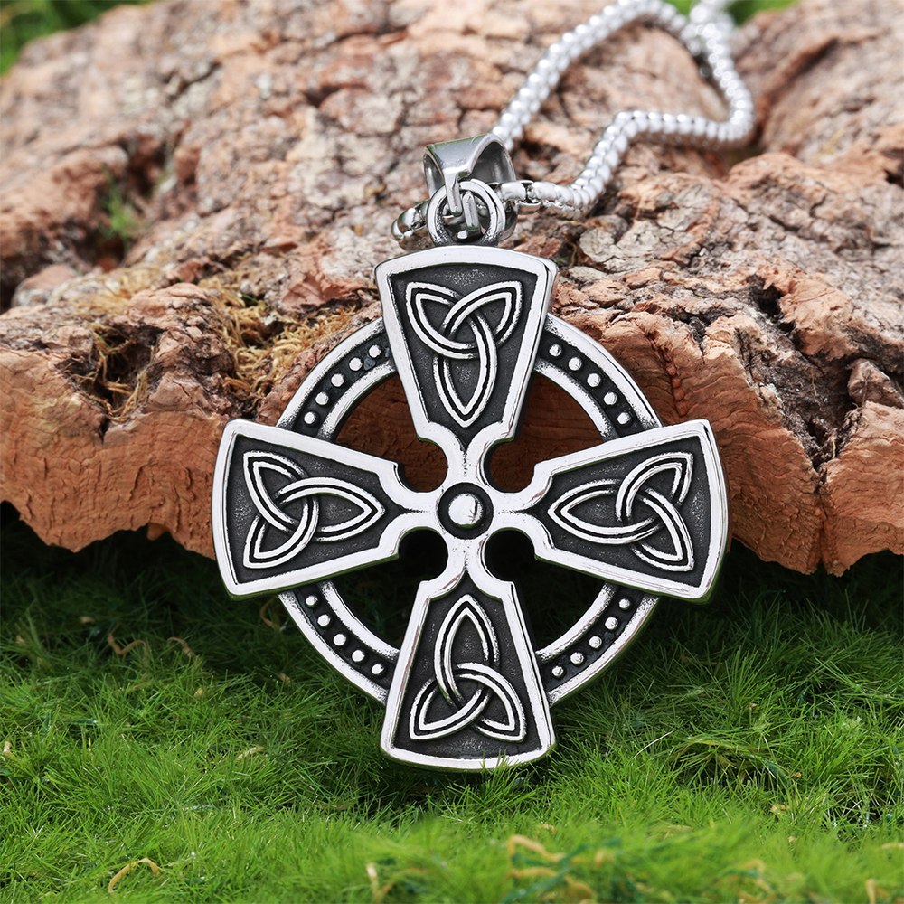 Norse Celtic Solar Cross Pendant | Triquetra Knot Eternal Protection Amulet, 316L Stainless Steel Unisex Viking Necklace
