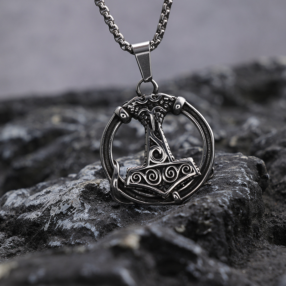 Norse Myth Ringed Serpent Mjolnir Pendant | Thor Hammer Protection Amulet, 316L Stainless Steel Unisex Viking Necklace