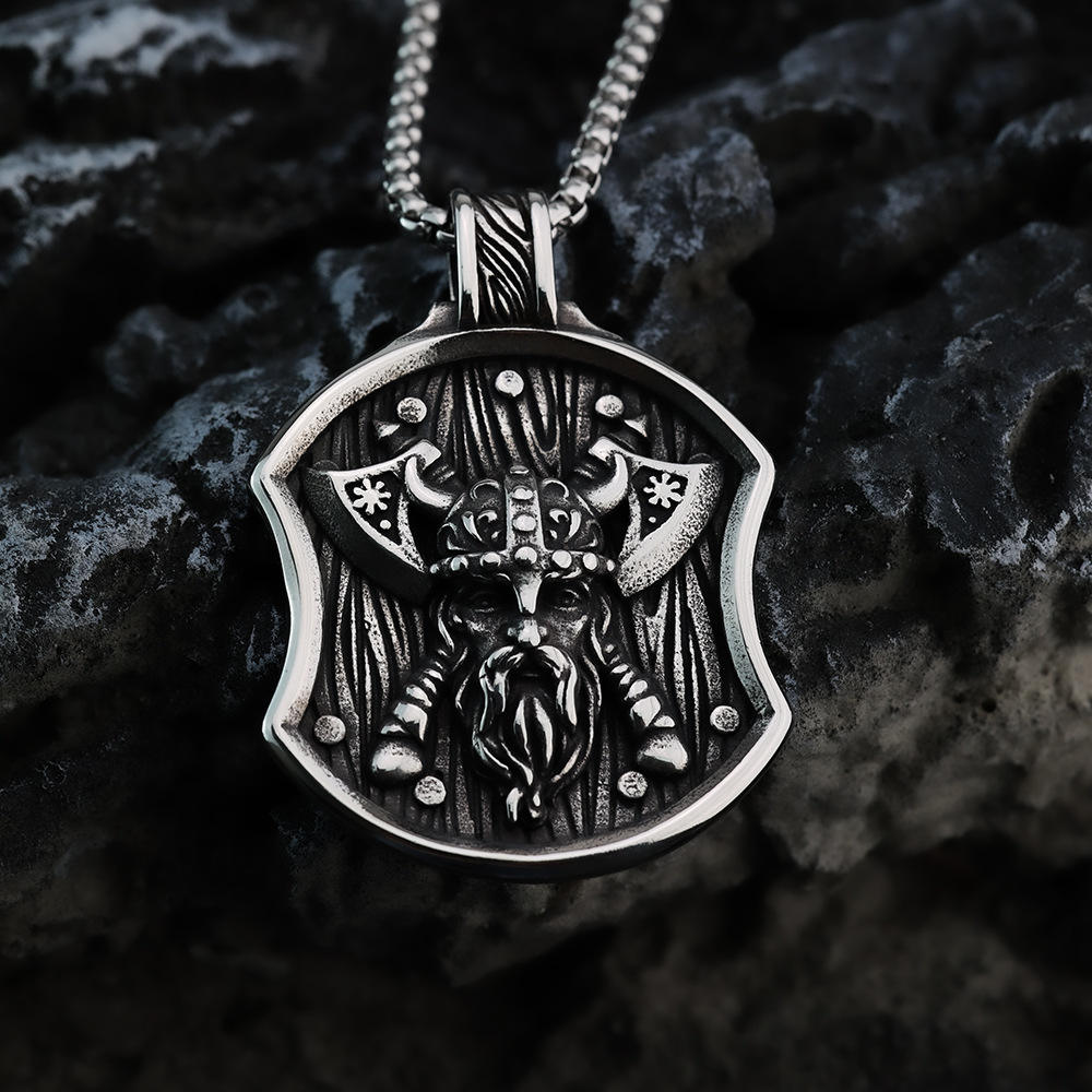 Norse Myth Shield Odin Pendant | Allfather Odin Twin Axe Viking Amulet, 316L Stainless Steel Unisex Necklace