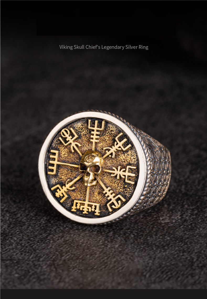 Norse Viking Skull Chief Vegvísir Compass Signet Ring | 925 Sterling Silver Gold Plated Norse Rune Protection Ring, Adjustable Unisex