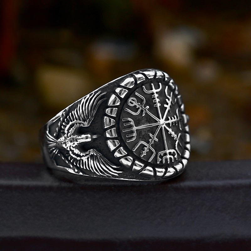Norse Viking Vegvísir Compass Raven Signet Ring | 316L Stainless Steel Antique Norse Rune Protective Unisex Shield Ring