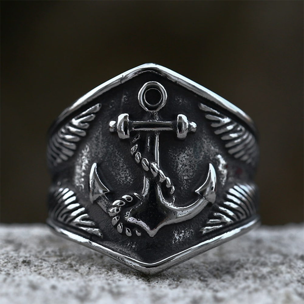 Norse Viking Anchor Ship Wheel Maritime Shield Ring | 316L Stainless Steel Antique Explorer Unisex Wide Band Ring