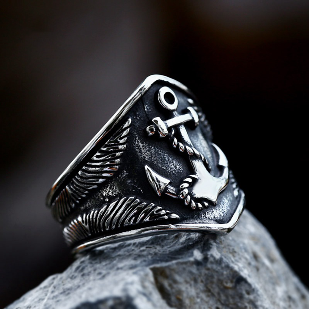 Norse Viking Anchor Ship Wheel Maritime Shield Ring | 316L Stainless Steel Antique Explorer Unisex Wide Band Ring